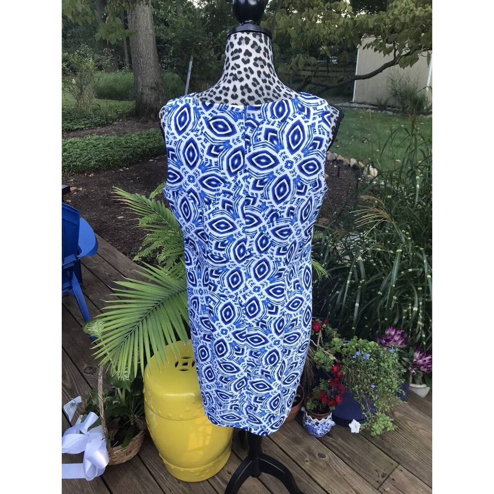 Alyx Dress blue/white Geometric sheath dress 14 Zip Back Polyester Spandex G2 - Picture 2 of 6